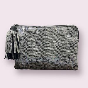 Sharif Iridescent Snake Printed Leather Zip Top Tassel Clutch